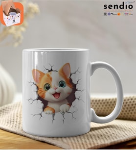 3D Kabartmalı Sevimli Kedi Baskılı Premium Porselen Kupa - GDTK-901034 (Beyaz)