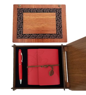 Ahşap Kutulu Kırmızı Deri Defter Metal Kalem Set