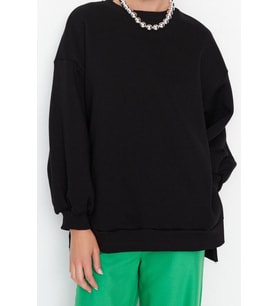Oversize Bisiklet Yaka Düşük Kol Uzun Geniş Kalıp Yırtmaç Kalın İçi Polarlı Örme Sweatshirt