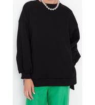 Oversize Bisiklet Yaka Düşük Kol Uzun Geniş Kalıp Yırtmaç Kalın İçi Polarlı Örme Sweatshirt
