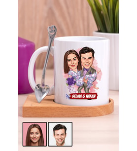 Eşe Romantik Hediye Karikatürlü Ahşap Altlıklı Beyaz Kupa Bardak