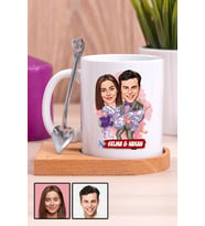 Eşe Romantik Hediye Karikatürlü Ahşap Altlıklı Beyaz Kupa Bardak