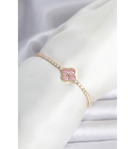 Pirinç Gold Renk Pembe Zirkon Taşlı Yonca Model Su Yolu Kadın Bileklik