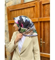 Seyra Lacivert Geometrik Desen Tivil İpek Eşarp 3575