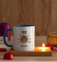 Kişiye Özel Aslan Burcuna Hediye Ahşap Altlıklı Mumlu Mavi Kupa