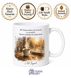 Pencere Kenarı Kahve Temalı Baskılı Kupa Bardak Hediye Porselen Mug