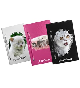 Kişiye Özel Kedi Tasarımlı Üçlü Defter Kalem Hediye Seti