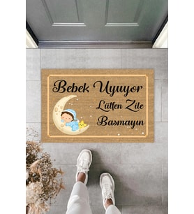 Bebek Uyuyor Lütfen Zile Basmayın Yazılı Erkek Çocuk Figürlü Kapı Paspası 40 x 60 cm