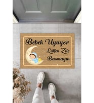 Bebek Uyuyor Lütfen Zile Basmayın Yazılı Erkek Çocuk Figürlü Kapı Paspası 40 x 60 cm