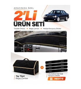 MERCEDES W210 E200 (1995-2002) Uyumlu Torpido Örtüsü + Tay Tüyü Bagaj Çantası + Sticker Seti - Siyah Bej