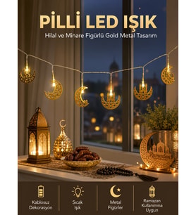 Pilli Minareli Hilal LED Işık Gold Metal Ramazan Dekorasyonu