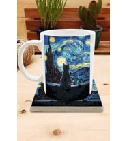 Kediler ve Sanat/Van Gogh Yıldızlı Gece The Starry Night Set 8 - Standart Kupa-Taş Bardak Altlığı 1