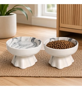 Li Seramik Mama Kabı Kedi ve Köpekler için Sağlıklı Su Kasesi Marble Ayaklı,Yükseltilmiş,Boyun Rahatligi Ve Omurga Sagligi Destekli Kaymaz Besleme Kabı, MARBLE-BLACK