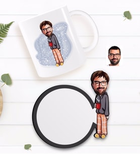 BK Gift Kişiye Özel Erkek Karikatürlü Beyaz Kupa ve Ahşap Bardak Altlığı Hediye Seti-60