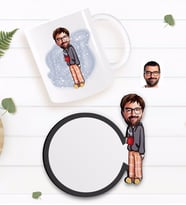 BK Gift Kişiye Özel Erkek Karikatürlü Beyaz Kupa ve Ahşap Bardak Altlığı Hediye Seti-60