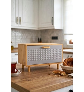 Bambu Gövdeli Gri Pane Ekmek Dolabı 36x23x24 cm - Demonte Ayaklı Tezgah Üstü Ekmeklik