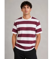 Erkek Çizgili Oversize Tişört Bisiklet Yaka Kısa Kol Yazlık T-Shirt - Bordo
