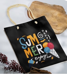 BK Gift Yaz Temalı Siyah Halat Saplı Kumaş Plaj Çantası -12, Baskılı Omuz Çantası, Alışveriş Çantası, Arkadaşa Hediye, Sevgiliye Hediye