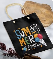 BK Gift Yaz Temalı Siyah Halat Saplı Kumaş Plaj Çantası -12, Baskılı Omuz Çantası, Alışveriş Çantası, Arkadaşa Hediye, Sevgiliye Hediye