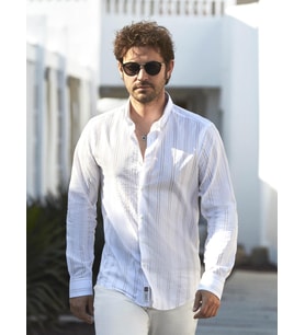 Bej Erkek Slim Fit Çizgili Düğmeli Yaka Uzun Kol Gömlek