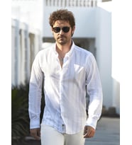 Bej Erkek Slim Fit Çizgili Düğmeli Yaka Uzun Kol Gömlek