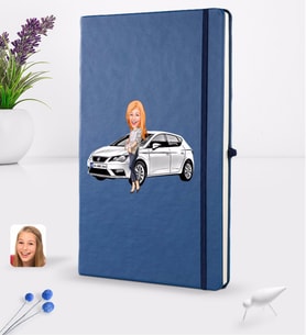 BK Gift Kişiye Özel Plakalı Kadın Seat Leon Karikatürlü Lacivert Termo Deri Defter 16x24cm Model 1