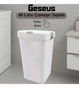Gümüş Tekli Dokunmatik Çamaşır Sepeti Çöp Kovası Temizlik Kovası Kirli Sepet 40 Litre-MT008