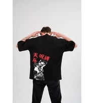 Unisex Bisiklet Yaka Baskılı Oversize T-Shirt - Siyah
