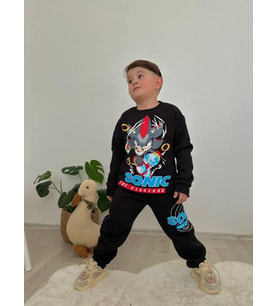 Cg Kids Sonic Baskılı Koyu Lacivert 2 Iplik Erkek Çocuk Alt Üst Süper Tarz Takım Krem Eşofman Baskı Detay