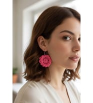 Crochet Örme Pembe Çiçek Küpe