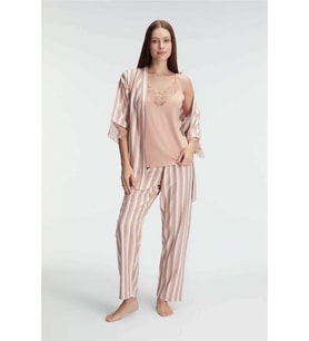 pilelistore İp Askılı V Yaka Kadın Viskon Çizgili Desenli Yazlık Örme Pijama Sabahlık Takımı (KAHVE)