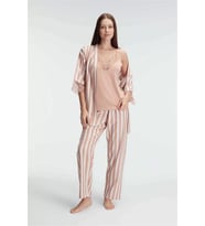 pilelistore İp Askılı V Yaka Kadın Viskon Çizgili Desenli Yazlık Örme Pijama Sabahlık Takımı (KAHVE)