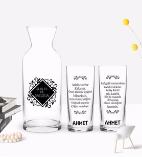 BK Gift Kişiye Özel Renkli Baskılı Adabı Vardır Rakının Tasarımlı İkili Rakı Bardağı ve Karaf Hediye Seti-1 (Model 1)