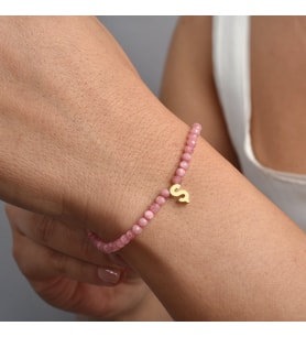 14 Ayar Altın Kaplama Gümüş Harfli Pembe Opal Doğal Taş Gümüş Bileklik - BGS00123
