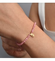14 Ayar Altın Kaplama Gümüş Harfli Pembe Opal Doğal Taş Gümüş Bileklik - BGS00123
