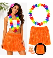 Neon Turuncu Hawaii Etek 40 cm ve Rengarenk Hawaii Kolye