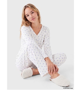 LCW DREAM Ekru V Yaka Desenli Kadın Pijama Takımı