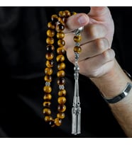 Rev Silver Kaplan Gözü Taşlı 925 Ayar gümüş Püsküllü Tespih Kişiye Özel Madalya yazısı