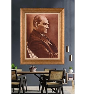 Altın Varaklı Çerçeveli Paspartulu Atatürk Tablo nh187 (Gold)