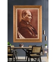 Altın Varaklı Çerçeveli Paspartulu Atatürk Tablo nh187 (Gold)