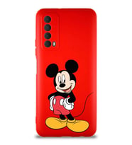 Huawei P Smart 2021 Soft Premier Kapak Mickey Mouse-E Tasarımlı Silikon Kılıf - Kırmızı (Şeffaf)