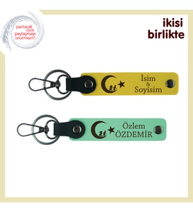 Çocuk Ve Ayyıldız Kişisel Set – Yıldönümüne Özel İsim Yazılabilir Anahtarlık Takım, Sarı-Yeşil