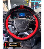 Ford Transit Custom Dikme Direksiyon Kılıfı Parlak Siyah Kırmızı Detaylı Kırmızı Çift Yüzük ve Dikiş 2014+
