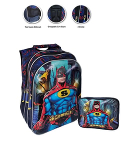 Kabartmalı Süper Batman Okul Çantası + Beslenme Batman Çanta İlkokul Çantası Erkek Okul Çantası (Çok Renkli)