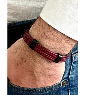 Bordo Renk %100 Deri 2Li Kombin Erkek Bileklik 21 cm (Türk El Üretimi)