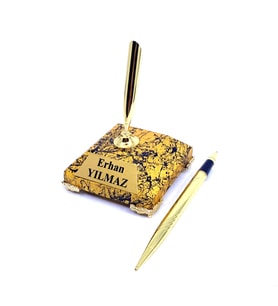 Kişiye Özel Kalem, Özel Mermer Tasarımlı Kaide ve Tükenmez İmza Kalemi, Ofis Yeni İş Hediyesi (Gold)
