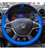 Dacia Sandero Dikme Direksiyon Kılıfı Parlak Siyah Mavi Detaylı Mavi Çift Yüzük ve Dikiş 2017-2021