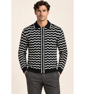 Erkek Polo Yaka Zikzak Desenli Düğmeli Triko Hırka Akrilik Karışımlı Slim Fit