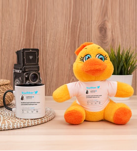 Kişiye Özel Twitter Tasarım Fotoğraflı Peluş Civciv ve Siyah Kupa