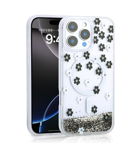 Apple iPhone 12 Pro Uyumlu Kılıf Sıvılı Simli Baskılı Şeffaf Arka Yüzey Zore Mossa Silikon Kapak (Siyah)